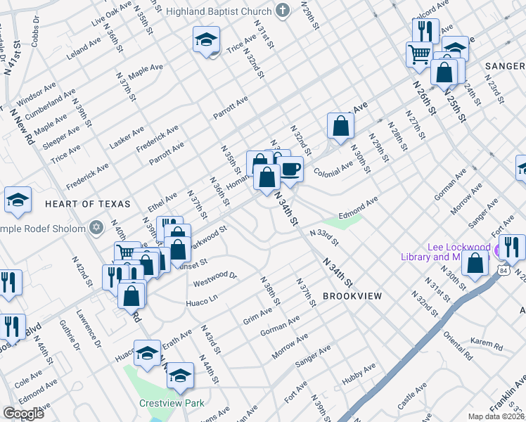map of restaurants, bars, coffee shops, grocery stores, and more near 3424 Brook Circle in Waco