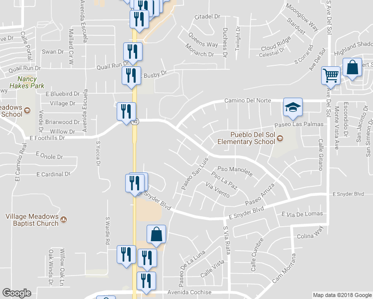map of restaurants, bars, coffee shops, grocery stores, and more near 4419 Plaza Vista in Sierra Vista