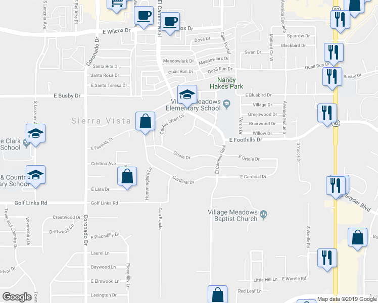 map of restaurants, bars, coffee shops, grocery stores, and more near 2747 Oriole Drive in Sierra Vista