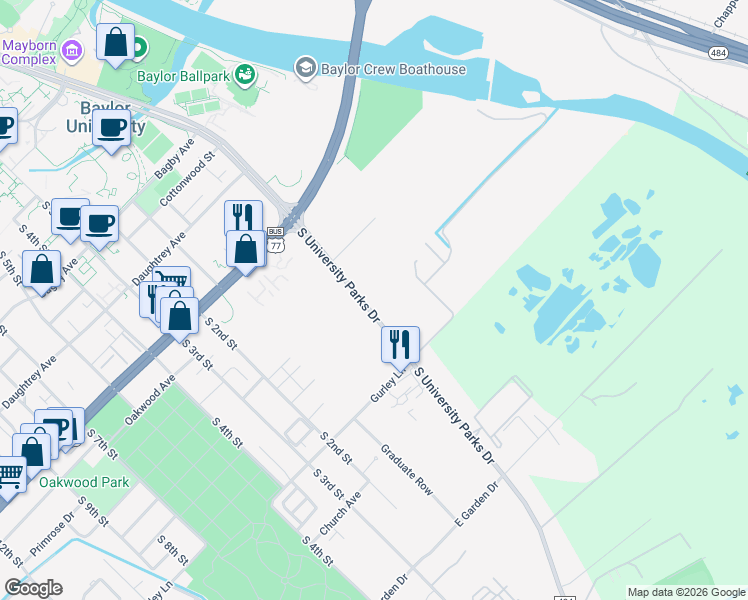 map of restaurants, bars, coffee shops, grocery stores, and more near 2406 South University Parks Drive in Waco