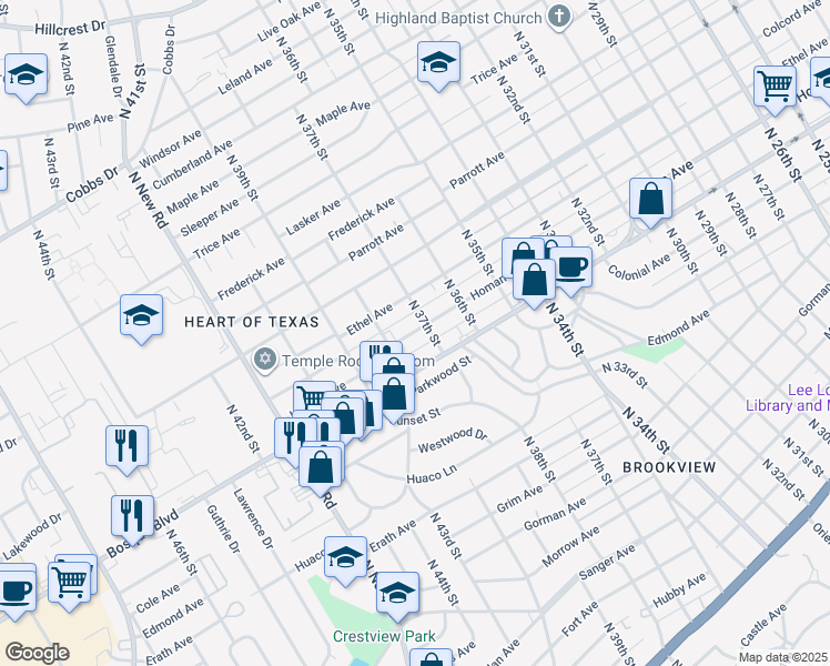 map of restaurants, bars, coffee shops, grocery stores, and more near 3721 Homan Avenue in Waco