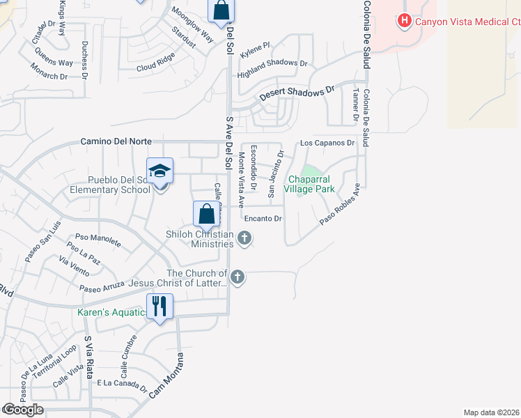 map of restaurants, bars, coffee shops, grocery stores, and more near 5256 Calle Granada in Sierra Vista