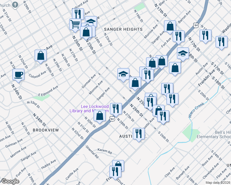 map of restaurants, bars, coffee shops, grocery stores, and more near 2601 Fort Avenue in Waco