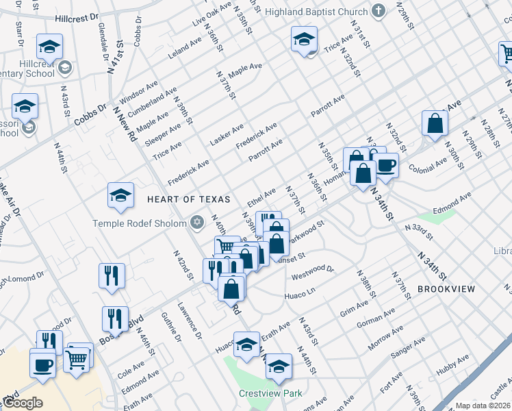 map of restaurants, bars, coffee shops, grocery stores, and more near 3812 Ethel Avenue in Waco