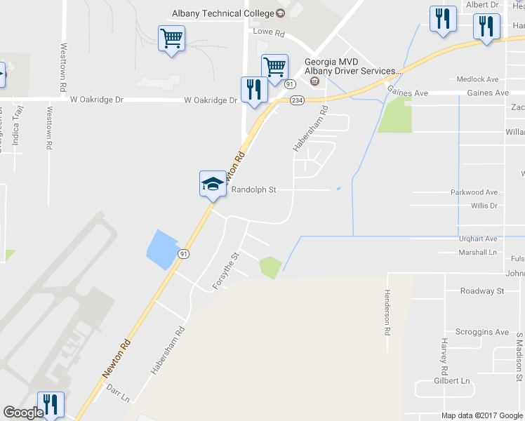 map of restaurants, bars, coffee shops, grocery stores, and more near 2411 Habersham Road in Albany