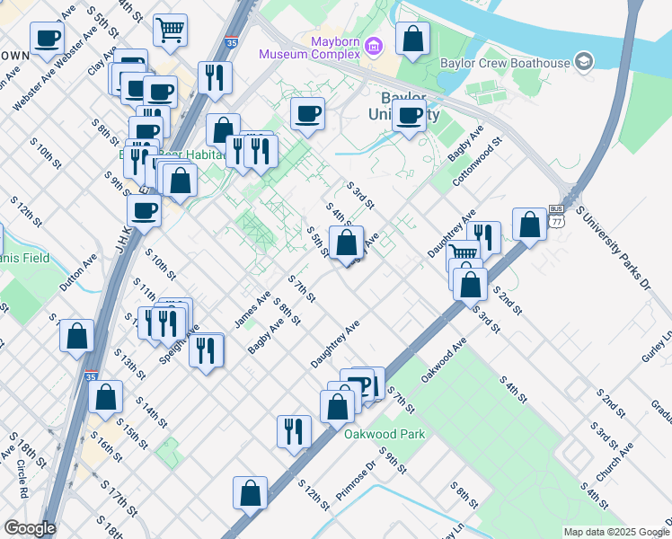 map of restaurants, bars, coffee shops, grocery stores, and more near Bagby Ave & S 5th St in Waco