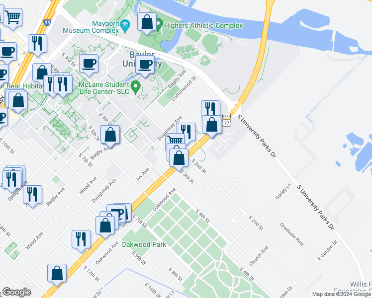 map of restaurants, bars, coffee shops, grocery stores, and more near 125 La Salle Avenue in Waco