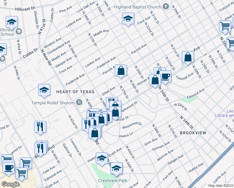 map of restaurants, bars, coffee shops, grocery stores, and more near 3721 Homan Ave in Waco