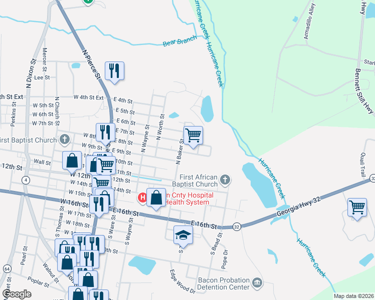 map of restaurants, bars, coffee shops, grocery stores, and more near 508 East 8th Street in Alma