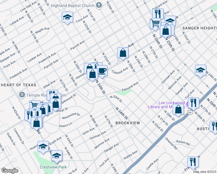 map of restaurants, bars, coffee shops, grocery stores, and more near 3210 West Edmond Avenue in Waco