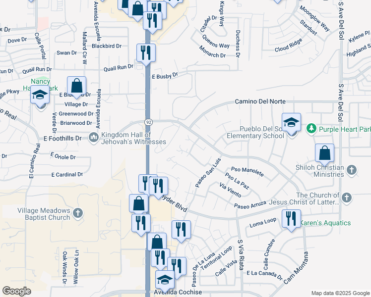 map of restaurants, bars, coffee shops, grocery stores, and more near 4305 Avenue Palermo in Sierra Vista