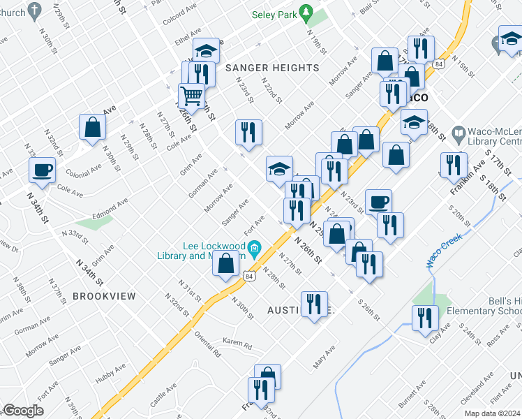 map of restaurants, bars, coffee shops, grocery stores, and more near 2604 Sanger Avenue in Waco