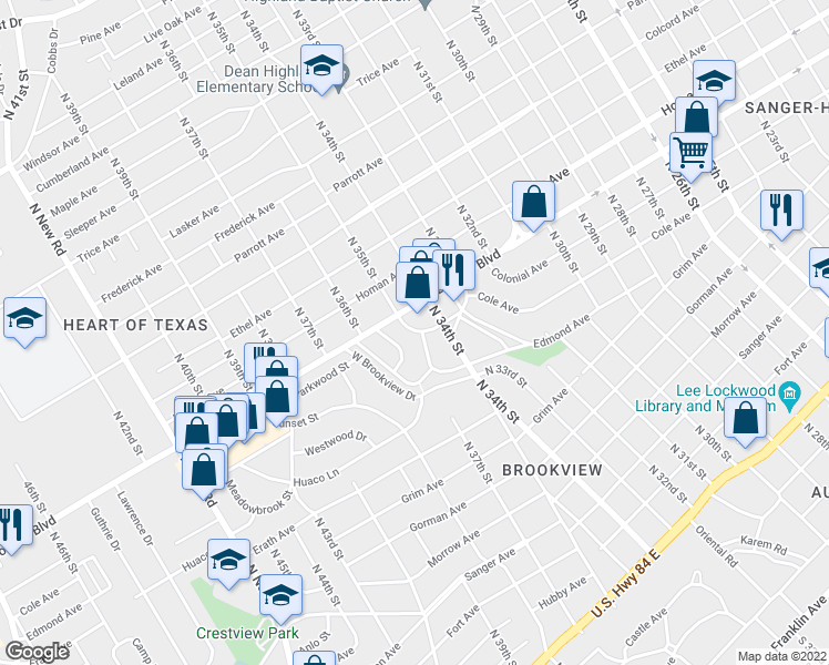 map of restaurants, bars, coffee shops, grocery stores, and more near 3414 Brook Circle in Waco