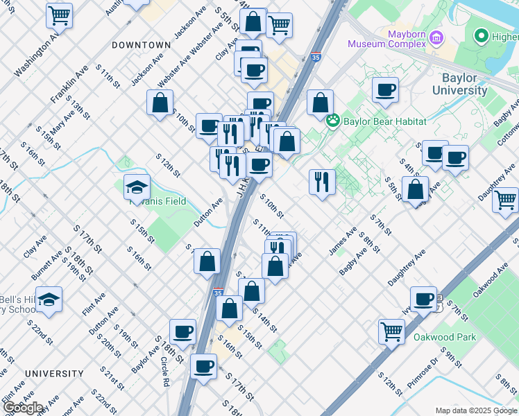 map of restaurants, bars, coffee shops, grocery stores, and more near 1222 South 11th Street in Waco