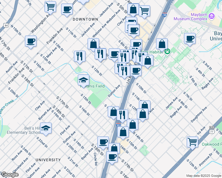 map of restaurants, bars, coffee shops, grocery stores, and more near 1000 South 12th Street in Waco