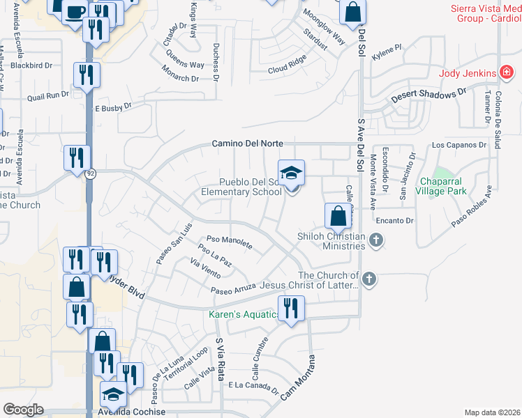map of restaurants, bars, coffee shops, grocery stores, and more near 1208 El Sonoro Drive in Sierra Vista
