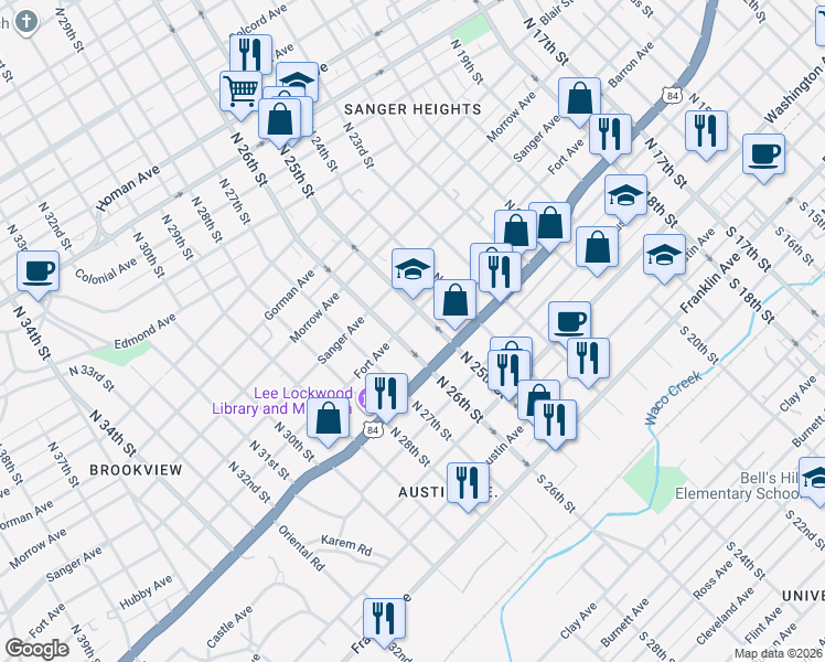 map of restaurants, bars, coffee shops, grocery stores, and more near 2510 Fort Ave in Waco