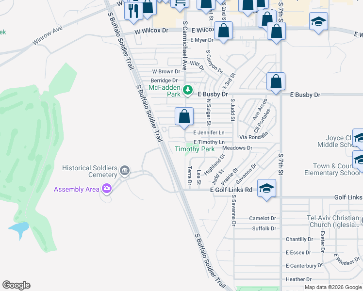 map of restaurants, bars, coffee shops, grocery stores, and more near 1020 South Carmichael Avenue in Sierra Vista