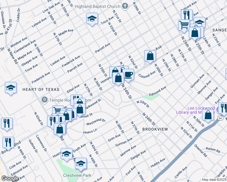 map of restaurants, bars, coffee shops, grocery stores, and more near 3424 Brook Cir in Waco