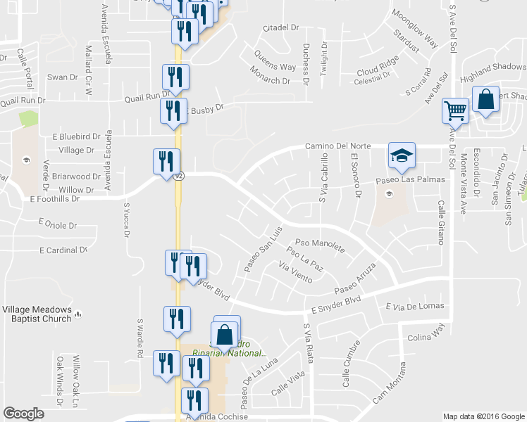 map of restaurants, bars, coffee shops, grocery stores, and more near 4524 Paseo Las Palmas in Sierra Vista