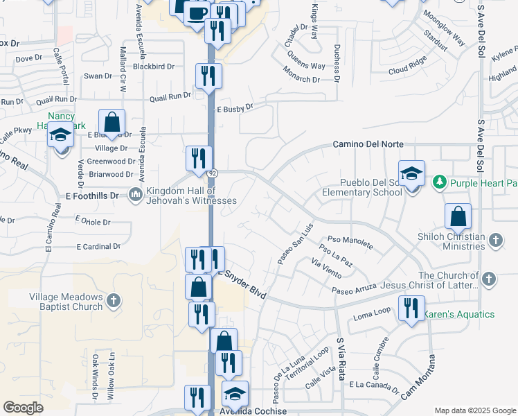 map of restaurants, bars, coffee shops, grocery stores, and more near 4305 Avenue Palermo in Sierra Vista