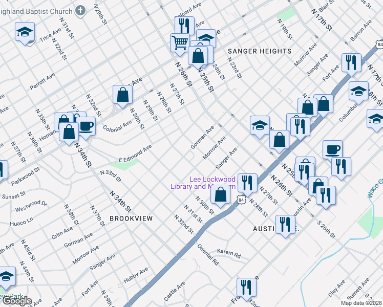 map of restaurants, bars, coffee shops, grocery stores, and more near 2827 Gorman Avenue in Waco