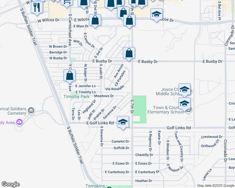 map of restaurants, bars, coffee shops, grocery stores, and more near 1155 Meadows Drive in Sierra Vista
