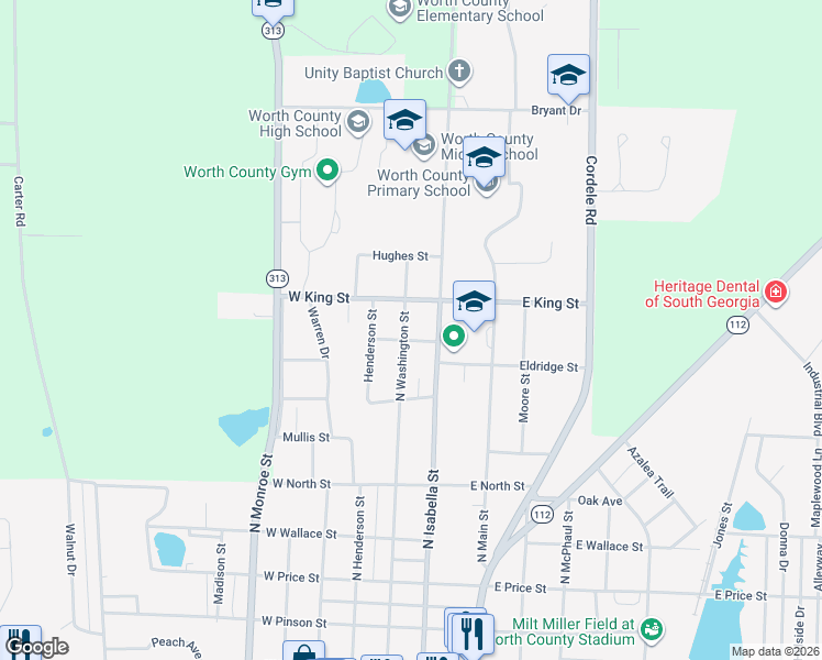 map of restaurants, bars, coffee shops, grocery stores, and more near 1102 North Washington Street in Sylvester