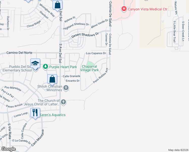 map of restaurants, bars, coffee shops, grocery stores, and more near 5482 Waco Drive in Sierra Vista