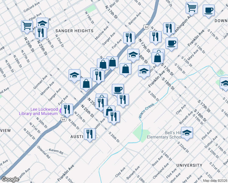 map of restaurants, bars, coffee shops, grocery stores, and more near 2217 Washington Avenue in Waco