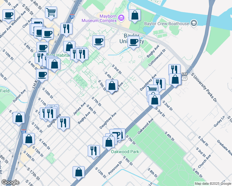 map of restaurants, bars, coffee shops, grocery stores, and more near 422 Bagby Avenue in Waco