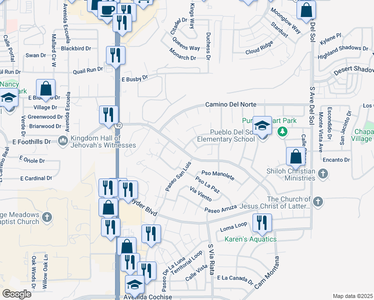 map of restaurants, bars, coffee shops, grocery stores, and more near 4524 Paseo Las Palmas in Sierra Vista