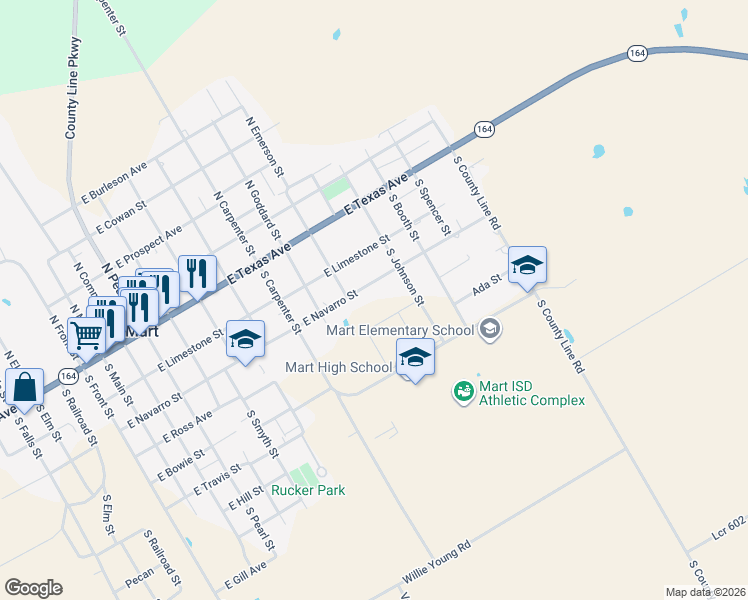 map of restaurants, bars, coffee shops, grocery stores, and more near 1116 E Navarro Ave in Mart
