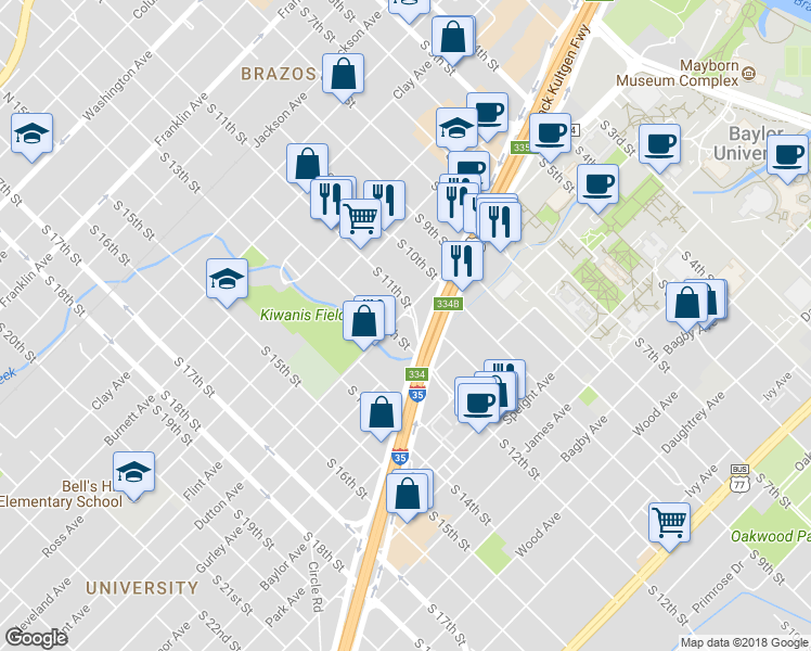 map of restaurants, bars, coffee shops, grocery stores, and more near 1122 Dutton Avenue in Waco