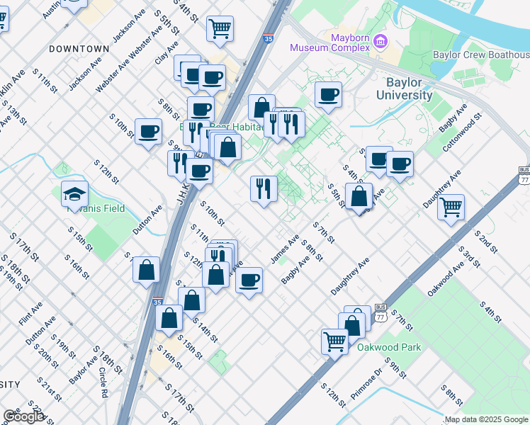 map of restaurants, bars, coffee shops, grocery stores, and more near 1425 South 8th Street in Waco