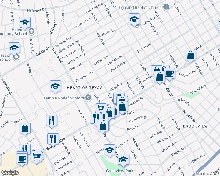 map of restaurants, bars, coffee shops, grocery stores, and more near 3812 Ethel Avenue in Waco