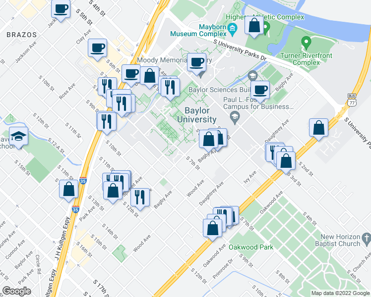 map of restaurants, bars, coffee shops, grocery stores, and more near 702 Speight Avenue in Waco