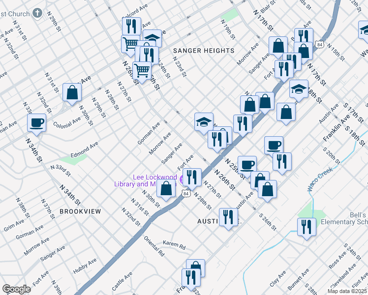 map of restaurants, bars, coffee shops, grocery stores, and more near 2604 Sanger Avenue in Waco