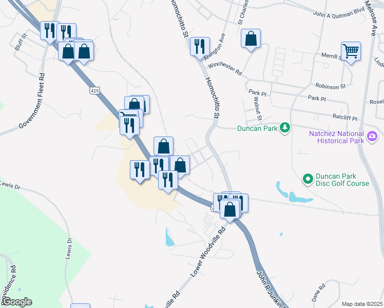 map of restaurants, bars, coffee shops, grocery stores, and more near Creek Street in Natchez