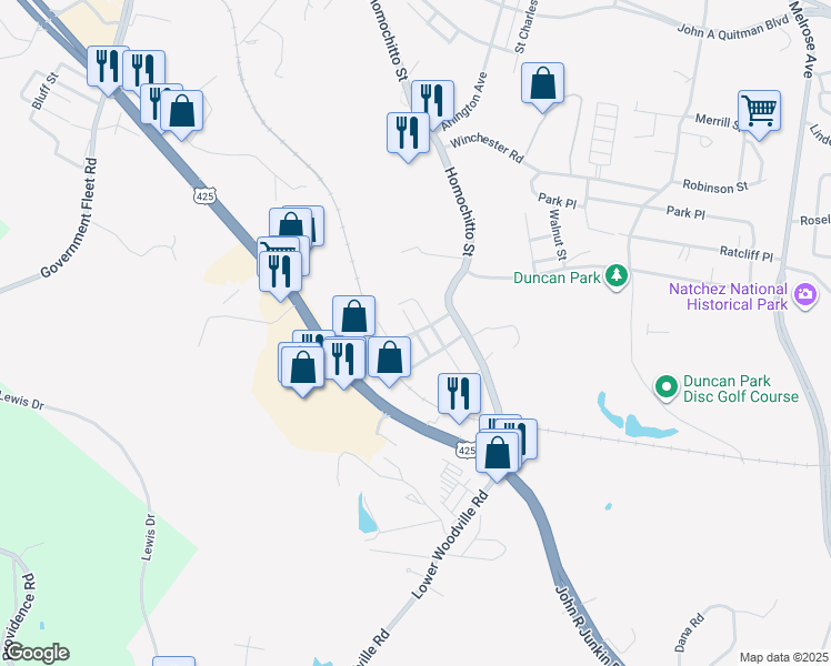 map of restaurants, bars, coffee shops, grocery stores, and more near Creek Street in Natchez