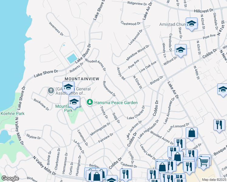 map of restaurants, bars, coffee shops, grocery stores, and more near 2307 Rosewood Dr in Waco