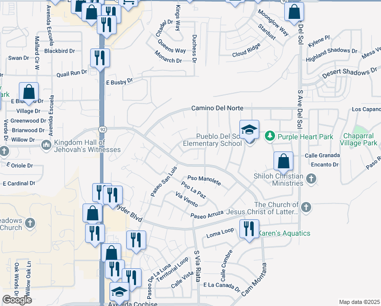 map of restaurants, bars, coffee shops, grocery stores, and more near 4710 Paseo Del Rico in Sierra Vista