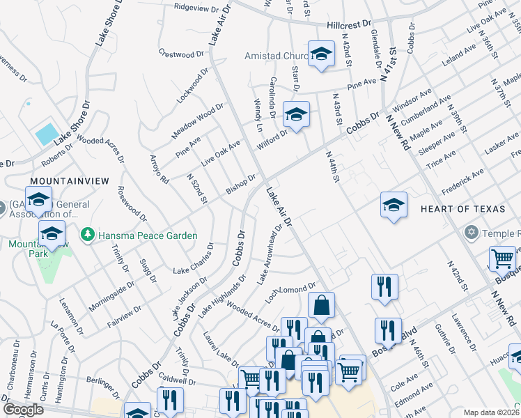 map of restaurants, bars, coffee shops, grocery stores, and more near 4924 Cobbs Drive in Waco