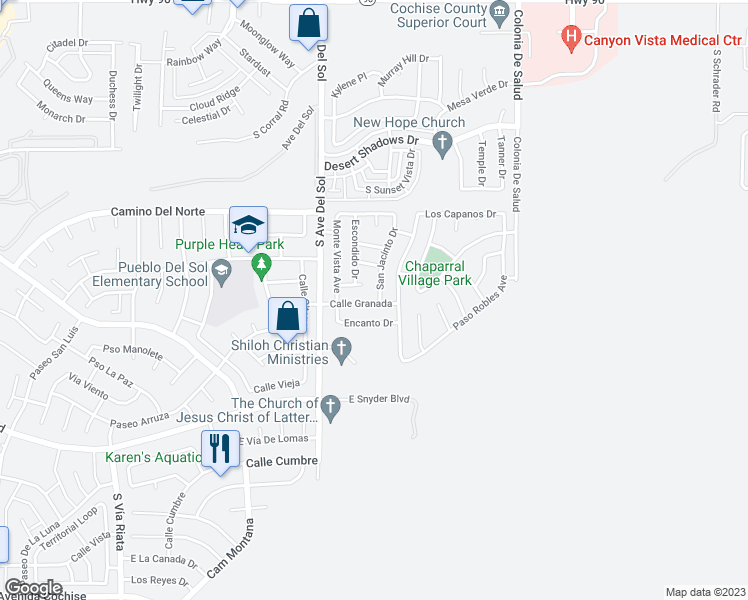 map of restaurants, bars, coffee shops, grocery stores, and more near 1190 San Jacinto Drive in Sierra Vista