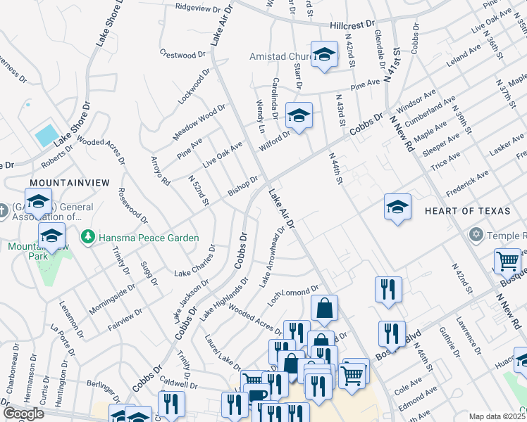 map of restaurants, bars, coffee shops, grocery stores, and more near 4924 Cobbs Drive in Waco