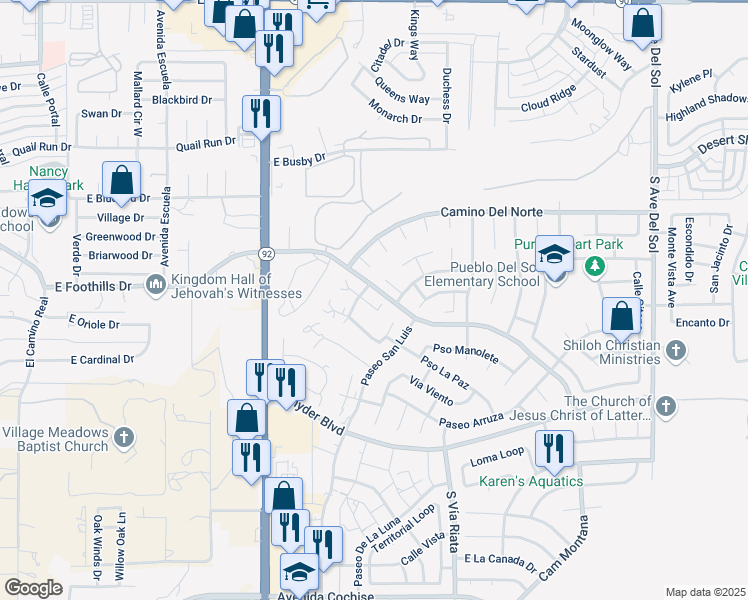 map of restaurants, bars, coffee shops, grocery stores, and more near 4419 Plaza Vista in Sierra Vista