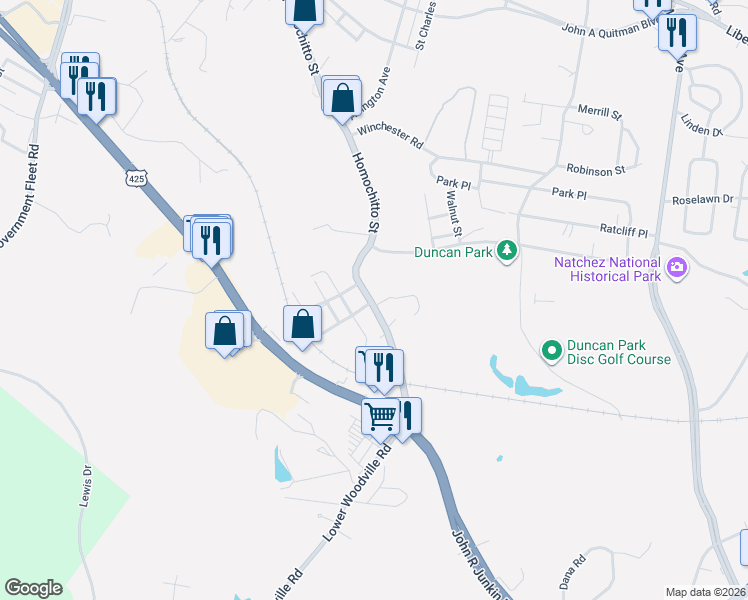 map of restaurants, bars, coffee shops, grocery stores, and more near 154-158 Homochitto St in Natchez