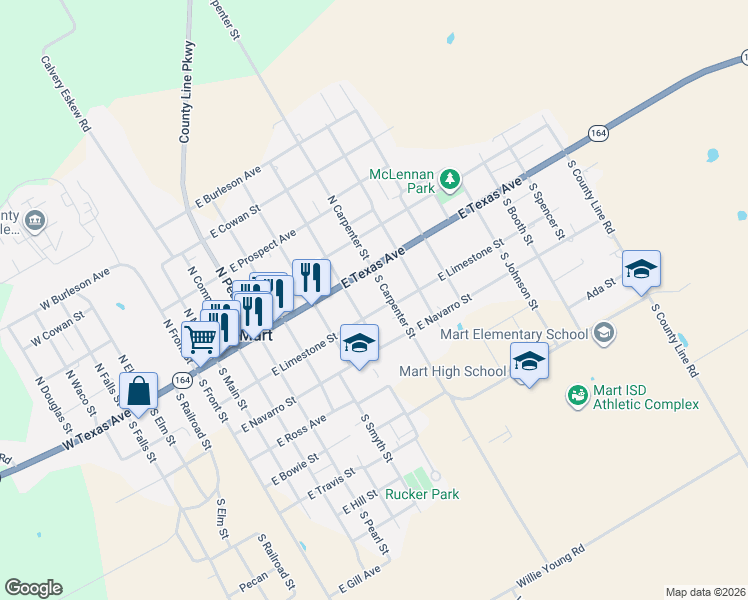 map of restaurants, bars, coffee shops, grocery stores, and more near 812 East Limestone Street in Mart
