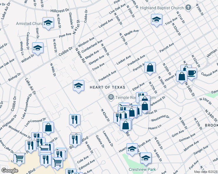 map of restaurants, bars, coffee shops, grocery stores, and more near 4020 Parrott Avenue in Waco
