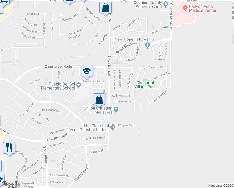 map of restaurants, bars, coffee shops, grocery stores, and more near 5235 Calle Granada in Sierra Vista